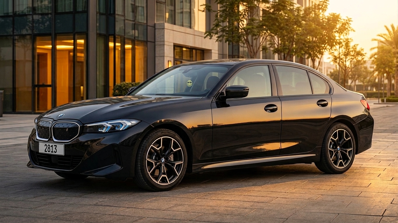 BMW i3 electric sedan, three-quarter front view at sunset