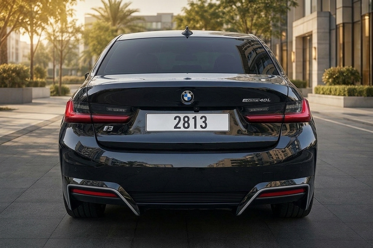 BMW i3 electric sedan, rear view at golden hour